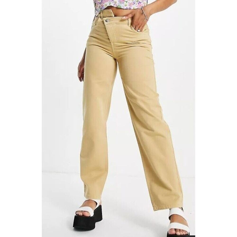 Reclaimed Vintage Cross Over‎ Button Fly Dad Jeans Womens 24 Stone Tan High Rise